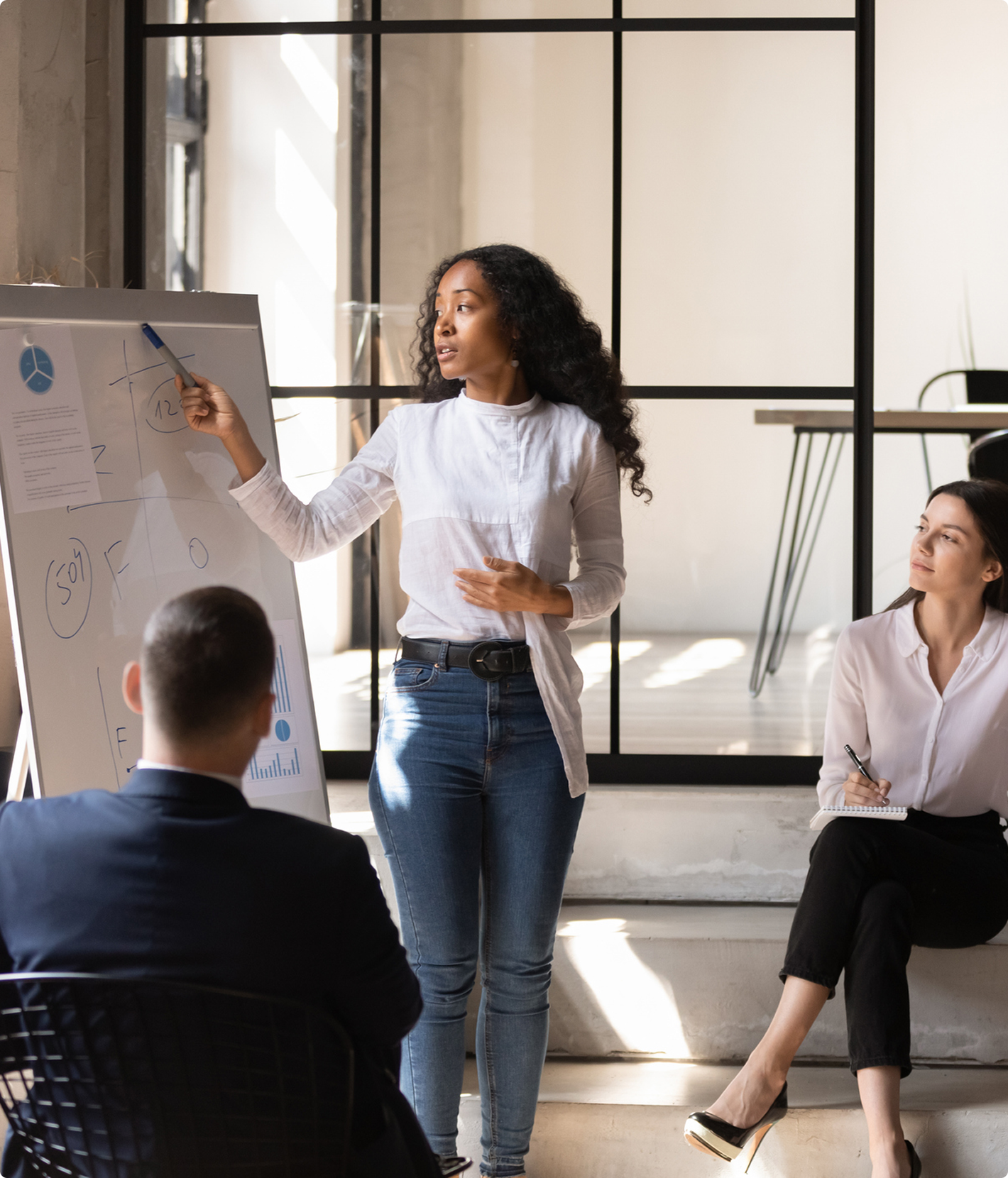 Woman presenting to colleagues with a chart.