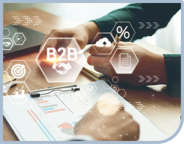 B2B business meeting with digital icons overlay.