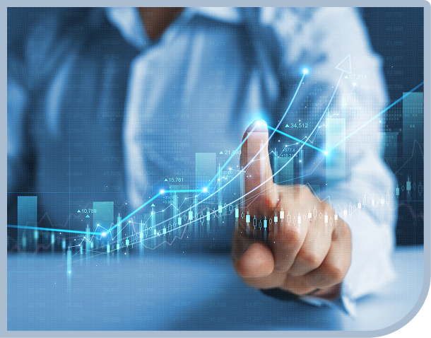 Person interacting with digital financial graph.