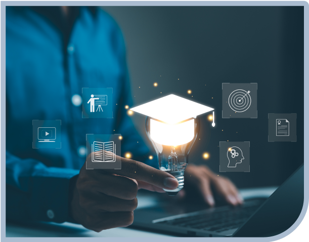 Person holding light bulb with digital icons.
