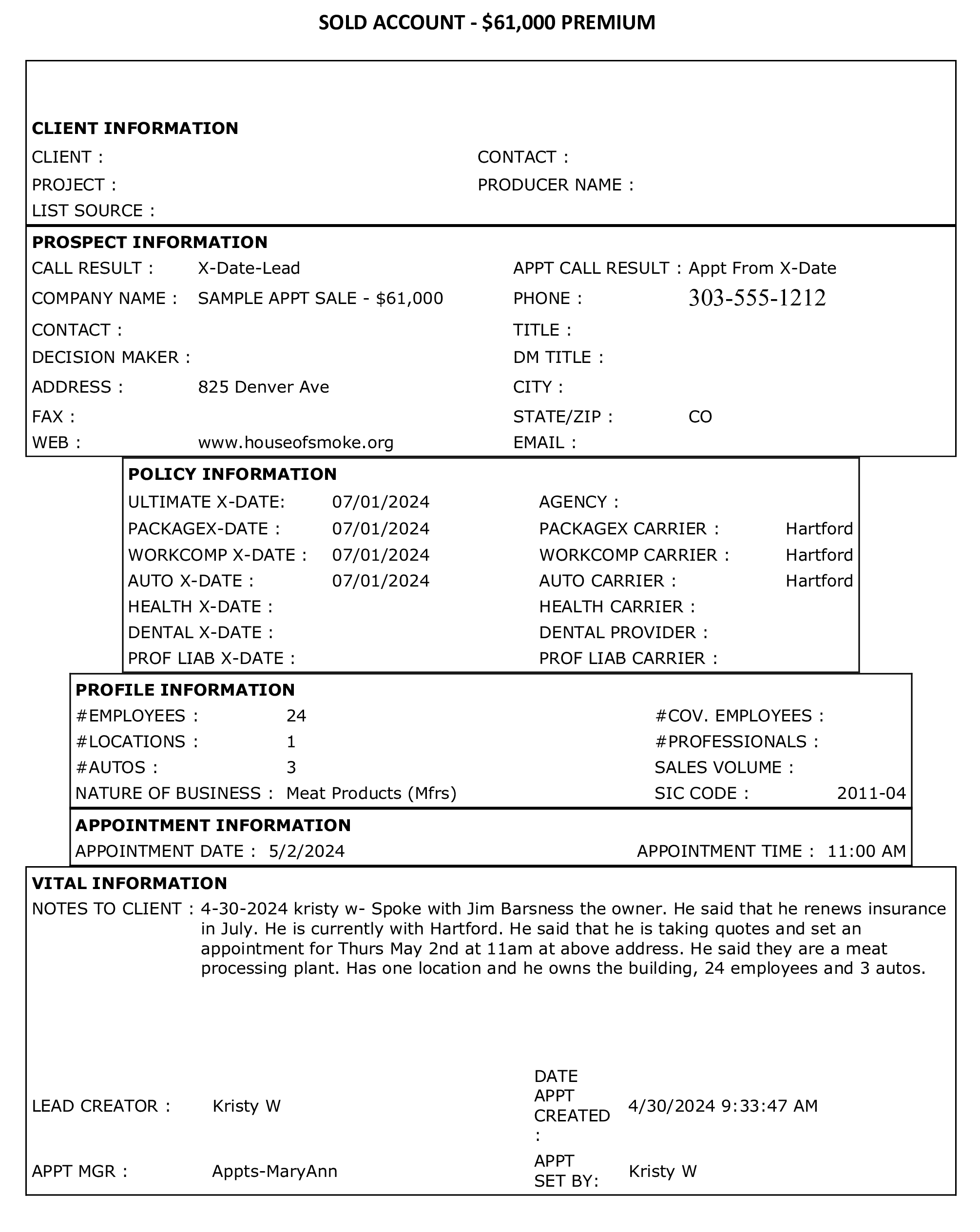 sample appt 1 A sample of an information sheet for a business.
